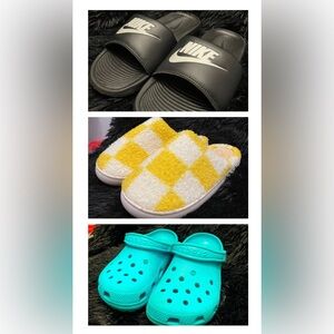 BUNDLE WOMANS SIZE 7 SHOES, Nike slides, Crocs, and Checkered slippers!!